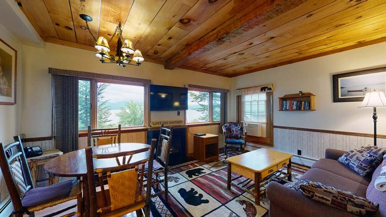 Cozy rustic living room with wooden ceiling, large windows, dining table, sofa, TV, rug, and bookshelves.