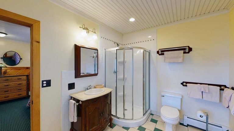 Small bathroom with corner glass shower, wooden vanity, toilet, and towel racks.