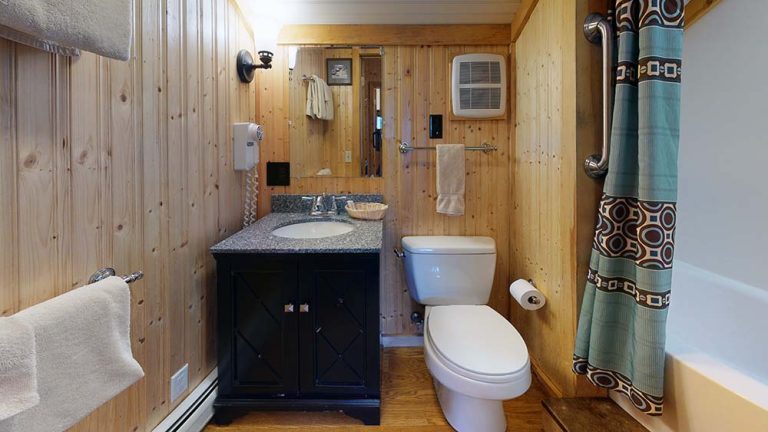 Cozy rustic bathroom with wood paneling, vanity, toilet, and patterned shower curtain.