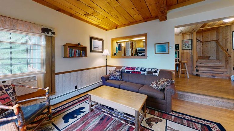 Cozy rustic living room with brown sofa, patterned pillows, wooden coffee table, and wood-paneled walls.