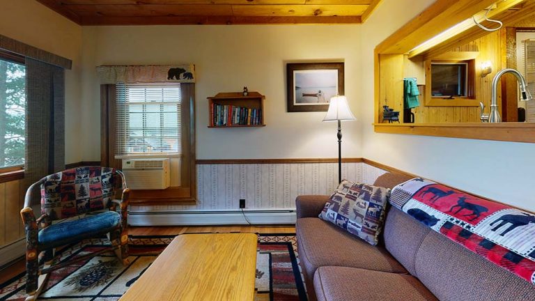 Cozy living room with wooden ceiling, sofa, patterned throws, chair, coffee table, lamp, bookshelf, and pass-through to kitchen.