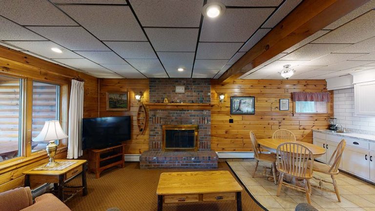 Cozy wood-paneled living area with brick fireplace, TV, dining table, and kitchen nearby.