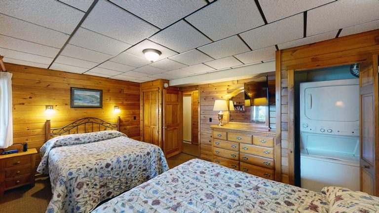Cozy wood-paneled bedroom with two queen beds, dresser, TV, and stacked laundry nook.