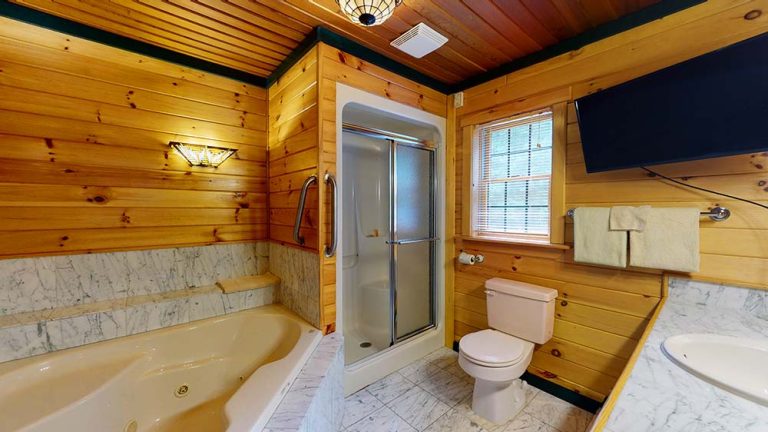 Wood-paneled bathroom with corner tub, glass shower, toilet, and marble vanity. Window and TV.