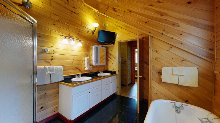 Wood-paneled bathroom with double sink vanity, tub, shower, and wall-mounted TV