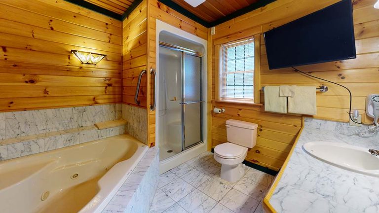 Wood-paneled bathroom with marble accents, tub, shower, toilet, sink, TV, and towels.