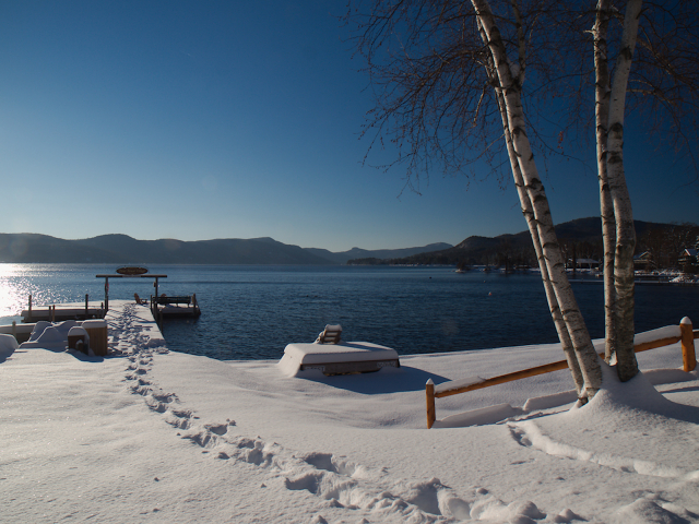 Footsteps through the snow to the dock