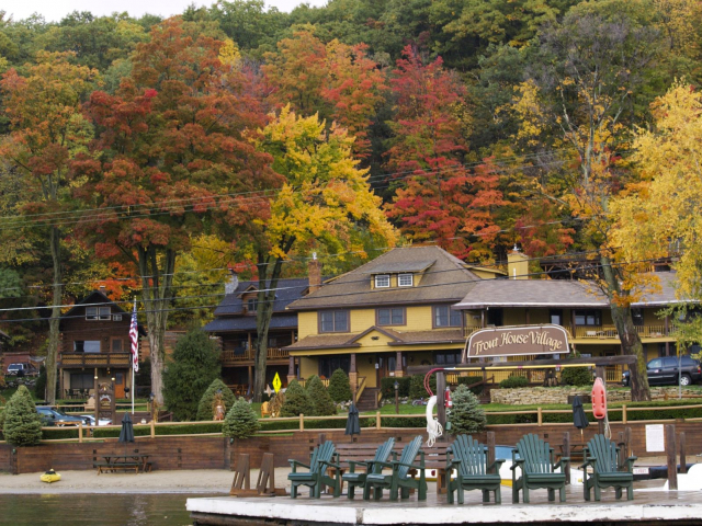 Colorful view of the resort from the lake